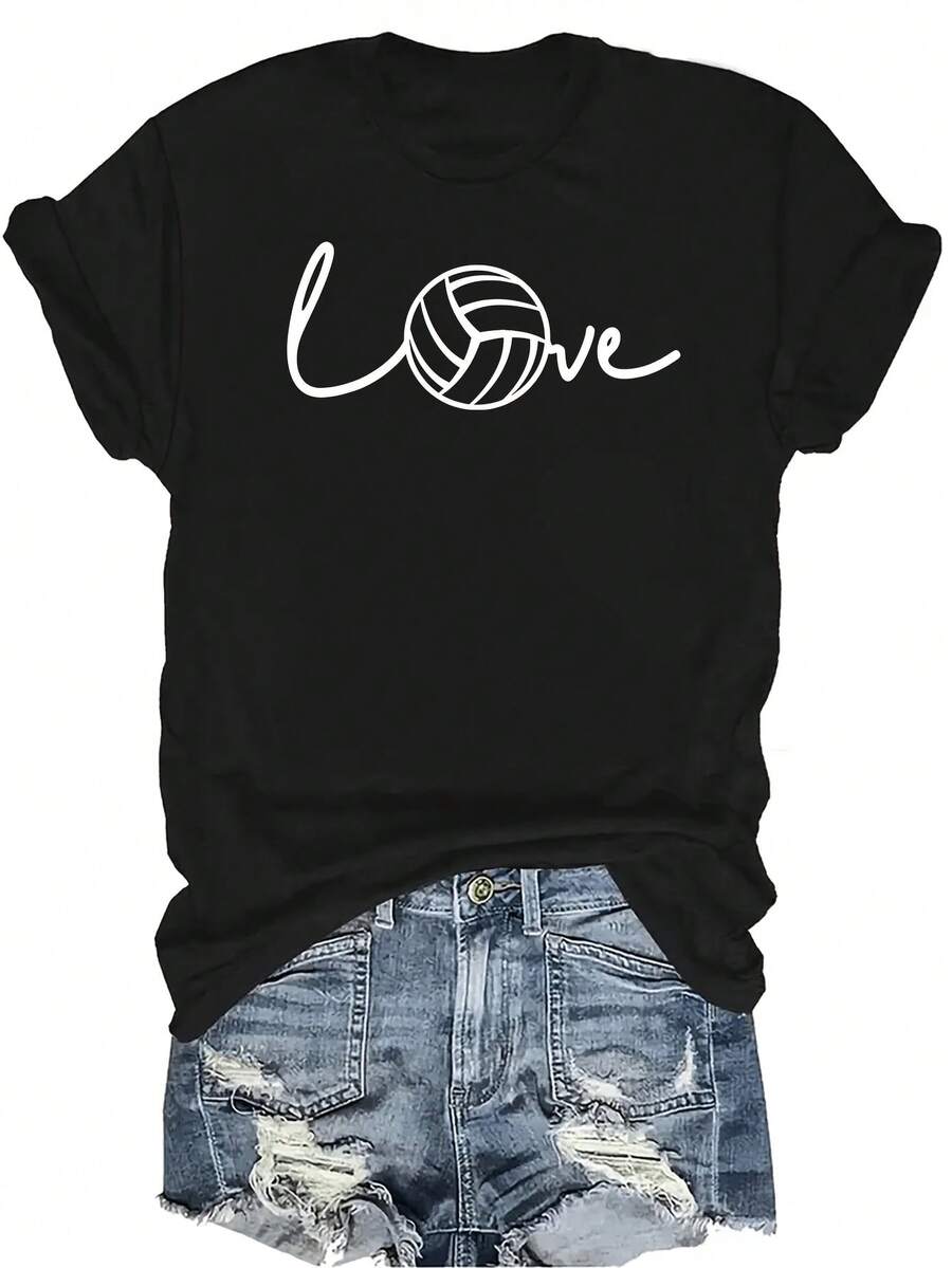 [Camiseta de Moda Casual] Camiseta suave y cómoda para mujer - Diseño de amor al voleibol Casual de manga corta y cuello redondo, regalo perfecto para la abuela y la mamá, uso casual de primavera y verano - Negro - Ver 1