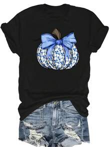[Camiseta de moda casual] Camiseta suave y cómoda para mujer - Blusa de manga corta de cuello redondo con estampado floral azul, lazo y calabaza, regalo perfecto para la abuela y la mamá, uso casual de primavera y verano - Negro - Ver 1