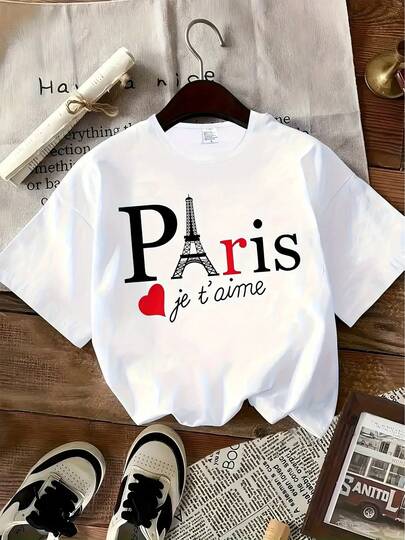 Camiseta de Mujer con Estampado Gráfico de la Torre Eiffel de París - Camiseta Casual Negra de Manga Corta con Cuello Redondo y Diseño Rojo y Blanco de "Paris Je T'Aime", Ligera para Verano y Primavera, Lavable a Máquina, Moda Diaria, Diseño de la Torre Eiffel, Material No Transparente 100% Algodón