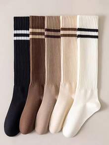 1 Pair Women's Striped Mid-Calf Socks, Retro Style Ribbed Socks, Warm Long Socks For Autumn/Winter, Multi-Color Versatile Knit Socks - Multicolor - View 4