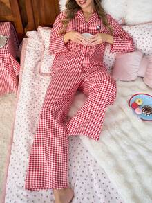 Sanrio 2件套情人节Hello Kitty女士格子印花纽扣长袖睡衣上衣和抽绳睡裤可爱睡衣套装 - 紅色 - 查看 7