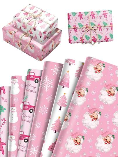 12PCS Pink Christmas Wrapping Paper Santa Snowman Snowflake Star Tree Gift Wrap Paper Folded Flat Xmas Art Paper For Christmas Winter Birthday DIY Crafts Gift Wrapping