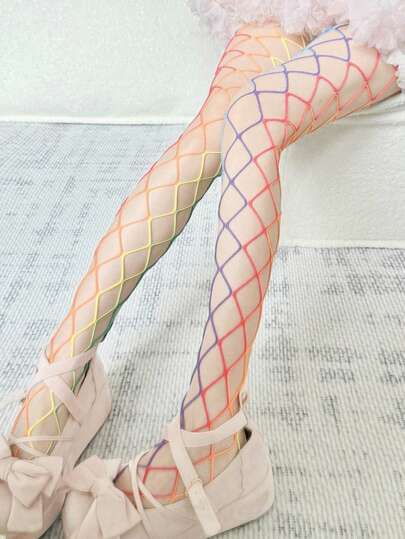Kolorowe tęczowe rajstopy z siateczki, wydrążone, zdobione kryształkami, kolorowe rajstopy z siateczki