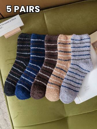 5 Pairs Men's Socks, Multi-Color Striped New Design, Soft & Versatile, Comfortable & Warm Wool Blend Mid-Calf Socks For Casual Daily Wear, Autumn/Winter