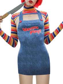 Halloween Scream Costume For Women Creepy Killer Doll Costume Long Sleeve Rainbow Tops Overall Skirt Set