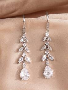 2 件叶子长吊坠耳环女式镀银方晶锆石耳环奢华新娘婚礼珠宝订婚周年礼物送给女朋友妻子情侣情人节 - 銀色 - 查看 4