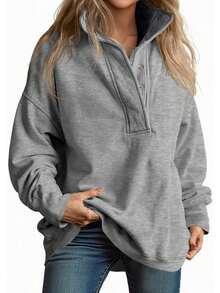 Fisoew Snap Stand Collar Pullover Top | Y2K Oversized Sweatshirt Women | Casual Long Sleeve Streetwear For Fall Travel - Xám - Xem 3