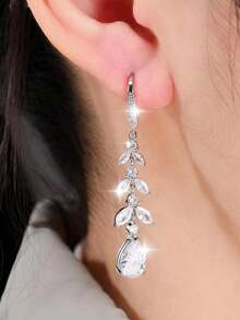 2 件叶子长吊坠耳环女式镀银方晶锆石耳环奢华新娘婚礼珠宝订婚周年礼物送给女朋友妻子情侣情人节 - 銀色 - 查看 2