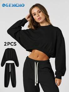 GEMCHO 2 Stücke/Set Fester Schulterausschnitt Crop Pullover & Sweathose, Damen Zweiteiler, Herbstkleidung