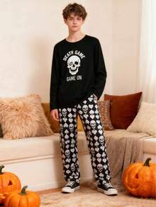 2pcs/Set Teenage Boys' Graphic Print Comfortable Casual Outfit, Suitable For Everyday Wear, Halloween, Autumn/Winter