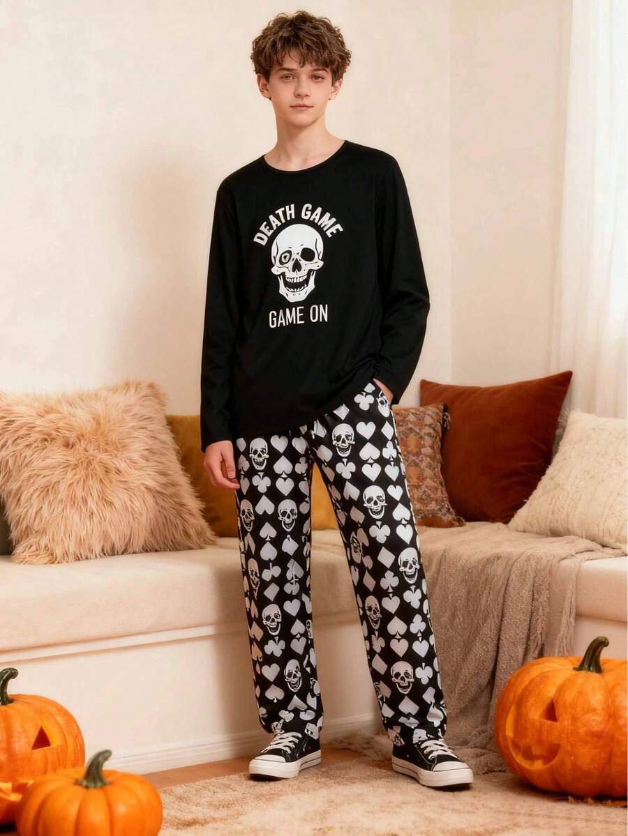 2pcs/Set Teenage Boys' Graphic Print Comfortable Casual Outfit, Suitable For Everyday Wear, Halloween, Autumn/Winter