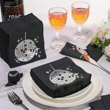 20张/50张/100张黑色银色迪斯科派对鸡尾酒餐巾纸，一次性，70年代80年代90年代派对用品，鸡尾酒餐巾纸，派对餐巾纸，纸巾，适用于订婚、生日、毕业典礼、新娘送礼会、圣诞节、新年派对装饰（款式随机） - 黑色 - 查看 2