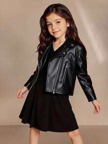 SHEIN Elladie kids Young Girl And Young Girl Black PU Leather Jacket, Elegant Casual Outerwear Suitable For Outings, Daily Wear And Any Casual Occasions, Fall/Winter - Black - View 2