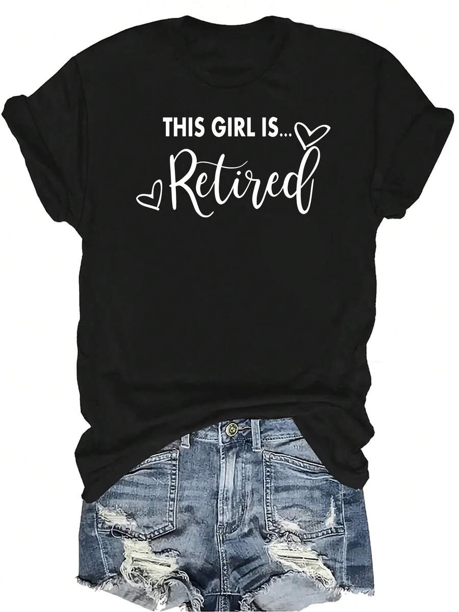[Camiseta de moda casual] Camiseta suave y cómoda para mujer - Camiseta de manga corta de cuello redondo con signo de corazones de chica jubilada, regalo perfecto para la abuela y la mamá, uso casual de primavera y verano - Negro - Ver 1