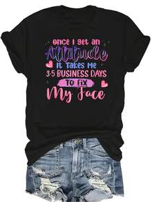 [Camiseta de Moda Casual] Camiseta de Mujer Suave y Cómoda - Arreglar Días de Actitud Facial Casual de Manga Corta Cuello Redondo, Regalo Perfecto para Abuela y Mamá, Uso Casual de Primavera Verano - Negro - Ver 1