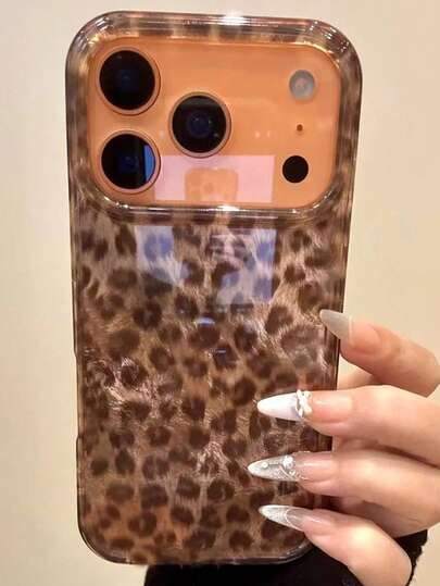 Lyxigt höstbrunt leopardmönster glitter glaciärskal, lämpligt för iPhone 17 Pro Max, 17 Pro, 17, 16 Pro Max, 16 Pro, 16, 16, 15 Pro Max, 15 Pro, 15, 14 Pro Max, 14 Pro, 13 Pro Max, 12 Pro Max, 11, modernt stötsäkert och fallsäkert telefonskal