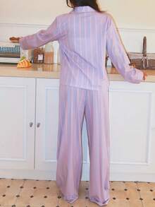 Nina Bonheur 女士宽松舒适透气条纹长袖上衣和裤子两件套家居服，冬季服装 - 紫色 - 查看 4