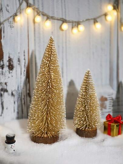 2 st. mini julgran med guldglitter, två konstgjorda snötäckta granar med bas, festliga bordsdekorationer till jul, perfekt juldekoration, perfekt för semesterheminredning och festdekorationer, utmärkt presentidé till jul