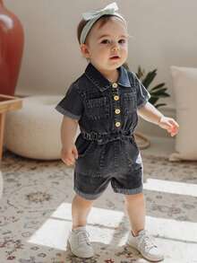Toddler Girls Denim Overalls Shorts Short Sleeves Turn Down Collar Button Down Elastic Waist Jean Romper - Black - View 5