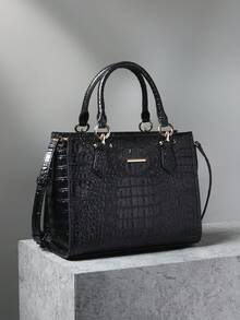 Stylish Crocodile Pattern Snake Pattern Embossed Women's Handbag - Versatile Crossbody & Handbag With Adjustable Strap, Zip Closure & Wrist Strap, Lightweight For Everyday Use, Fashionable Handbag | Detachable Strap - Black - View 2