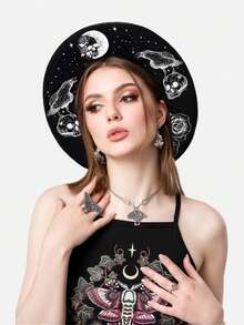 BREITER 1 件女式 Y2K 复古哥特式女巫帽,黑色印花涤纶毡帽,带有精致五角星和蕾丝花边,适合万圣节、圣诞节、化妆舞会、节日礼物 - 平簷禮帽 - 查看 32