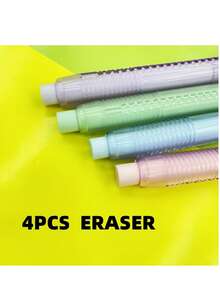 4pcs/Set Automatic Press Design Push And Pull Rubber Eraser With 3 Replacement Refills, Great For Students, School, Office Use, Cute And Portable