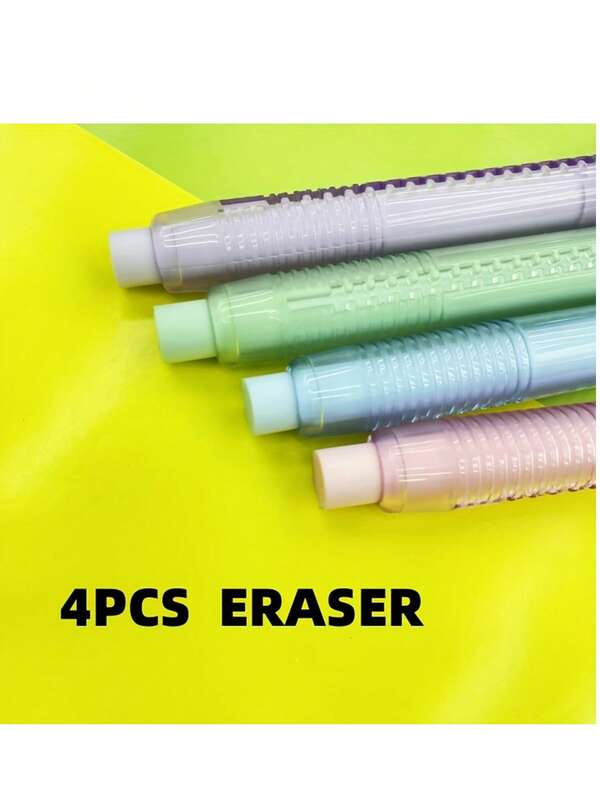 Set de 4 borradores de goma con diseño de presión automática de empujar y tirar, con 3 recambios, ideal para estudiantes, escuela y oficina, lindo y portátil