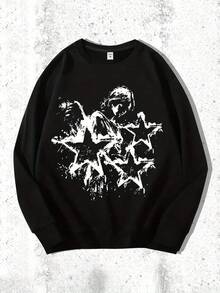 1pc Men'S Casual Angel And Stars Print Sweatshirt, Polyester Knit Fabric, Geometric Pattern, Comfortable Warm Pullover, Round Neck, Loose Fit,Fall Hoodies,Men's Fall Clothes,Street Wear,Halloween,Mens Hoodies,Y2k Clothes,Jesus Hoodie,Thanksgiving Day,Nightmare Before Christmas,Christmas - Black - View 1