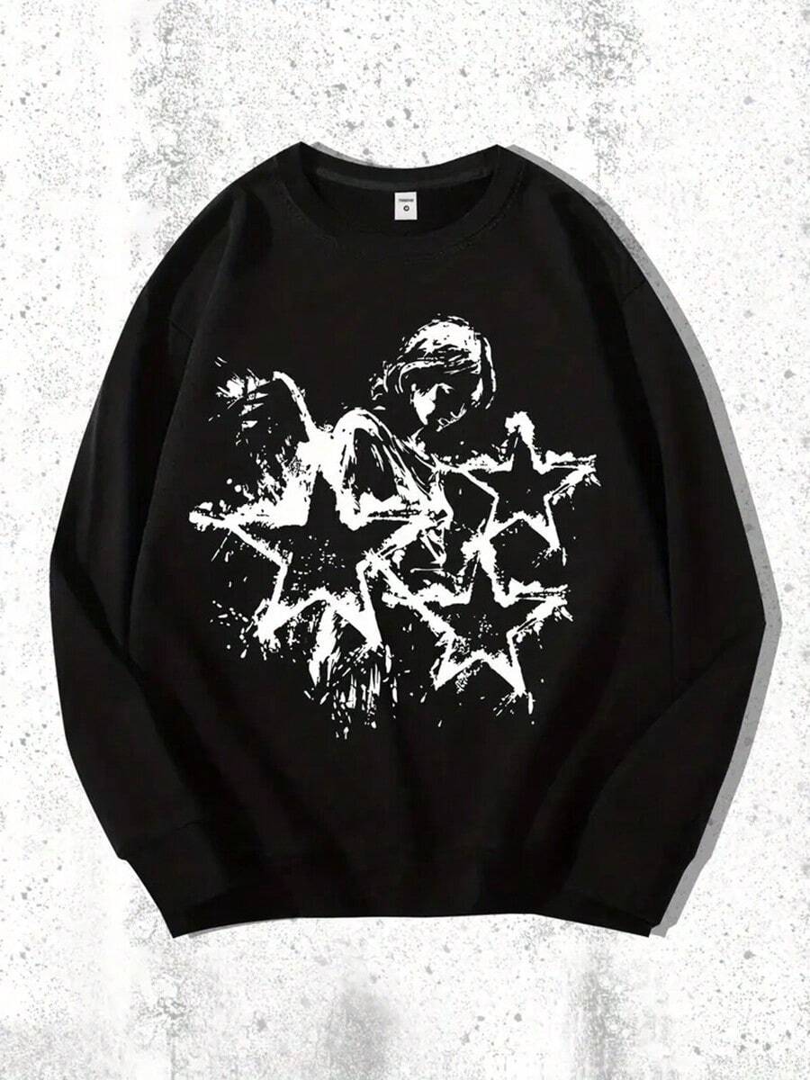 1pc Men'S Casual Angel And Stars Print Sweatshirt, Polyester Knit Fabric, Geometric Pattern, Comfortable Warm Pullover, Round Neck, Loose Fit,Fall Hoodies,Men's Fall Clothes,Street Wear,Halloween,Mens Hoodies,Y2k Clothes,Jesus Hoodie,Thanksgiving Day,Nightmare Before Christmas,Christmas - Black - View 1