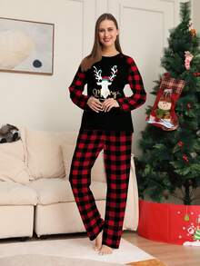 Weihnachts-Hirschgeweih-Muster Patchwork Muster Oma Karomuster Nachtwäsche Set für Frauen, inklusive dekorativer Beleuchtung, Herbst-Winter-Kleidung - Verschiedenfarbig - Übersicht 3