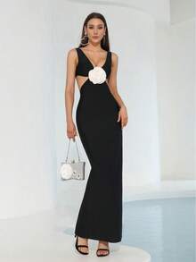 Đầm băng đô dài bó sát, cổ chữ V sâu, không tay, eo khoét sâu, họa tiết hoa 3D gợi cảm mới dành cho nữ dự tiệc tối trang trọng ngày lễ - màu đen - Xem 2