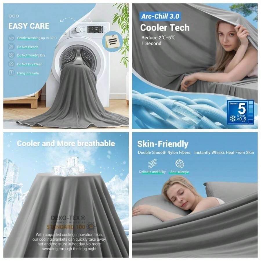 Cooling Blanket - Chill 3.0 Q - 0.5+ Manta Fra Doble Cara Nylon Sudores Nocturnos, Cobija Enfriadora Verano, Manta de Enfriamiento Fresca Uso en CamaSofViajes 200x220 - Gris + 150*200cm - Ver 1