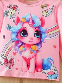 2pcs Girls Clothes Set, Cute Cartoon Unicorn, Flower & Rainbow Print, Girls Gift, Comfortable & Fashionable Long Sleeve T-Shirt, Suitable For Spring & Autumn, Casual Everyday & Outdoor Wear - Multicolor - View 3