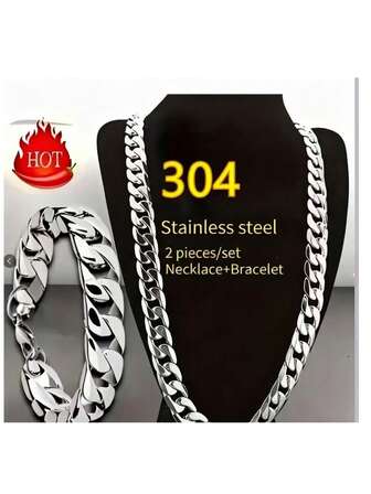 2pcs/Set Unisex Stainless Steel Cuban Link Necklace And Bracelet Set - Bold And Edgy Hip Hop Punk Rock NK Couple Jewelry