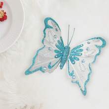 6Pcs Butterfly Christmas Tree Decorations Duckbill Clip Design Glittery Sequined Butterflies For Home Decor - Blue - View 2