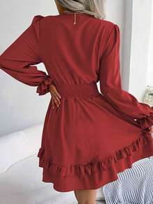 Vestido de Manga Longa com Cintura Franzida, Bainha em A-Line, Cor Sólida, Casual Boêmio para Férias, Festa, Outono/Inverno