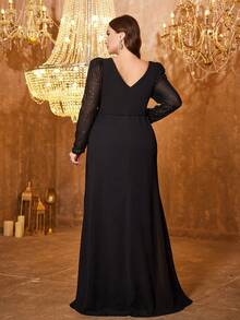 Robe à col rond avec dos nu, patchwork pailleté brillant, style princesse avec manches longues, taille froncée, ourlet en mousseline de soie fendu Top, robe de soirée de demoiselle d'honneur