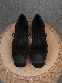 方头粗跟女鞋，百搭蝴蝶结一脚蹬平底鞋，时尚穆勒鞋，黑色镂空高跟鞋，女式高跟浅口鞋，尺码偏大 35-43 - 黑色中空(雙蝴蝶結) - 查看 5