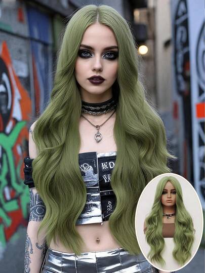 clouder Green Extra Long Curly Wig 30 Inch Cosplay Wig Halloween Christmas Wig Elegant Soft Matte Hair Loose Curls Casual Going Out Street Punk Wig Rock Wig Fluffy Natural Cool Girl Synthetic Heat Resistant Fiber Wig Suitable For Women Daily Party Wig Music Festival Wig Avant-Garde College Style Wig Modern Fashion Gothic Wig