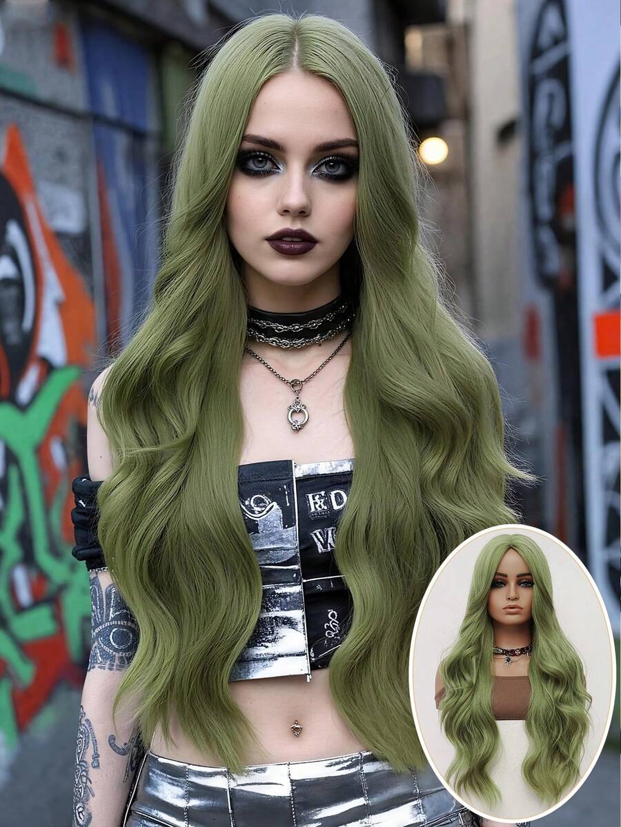 clouder 绿色超长卷发假发 30 英寸角色扮演假发万圣节圣诞节假发优雅柔软哑光头发松散卷发休闲外出街头朋克假发摇滚假发蓬松自然酷女孩合成耐热纤维假发适合女性日常派对假发音乐节假发前卫学院风格假发现代时尚哥特式假发 - 綠色 - 查看 1