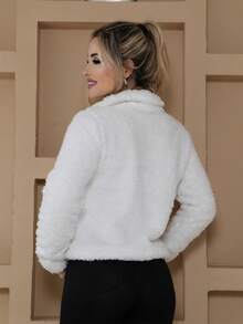 Teddy Coat With Zipper, Women's Plush Blouse With Pocket And Collar - trắng - Xem 4