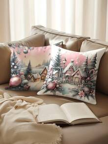 4 piezas/1 pieza Funda de almohada navideña rosa - Diseño de casa nevada, adorno de Papá Noel y flor de Pascua, 45x45 cm | Cierre con cremallera | Material de poliéster de colores brillantes | Para sala de estar, decoración de habitación, sofá y dormitorio (relleno no incluido) Excelente para decoraciones navideñas, fiestas de Navidad, decoración de dormitorio, decoración del hogar en invierno