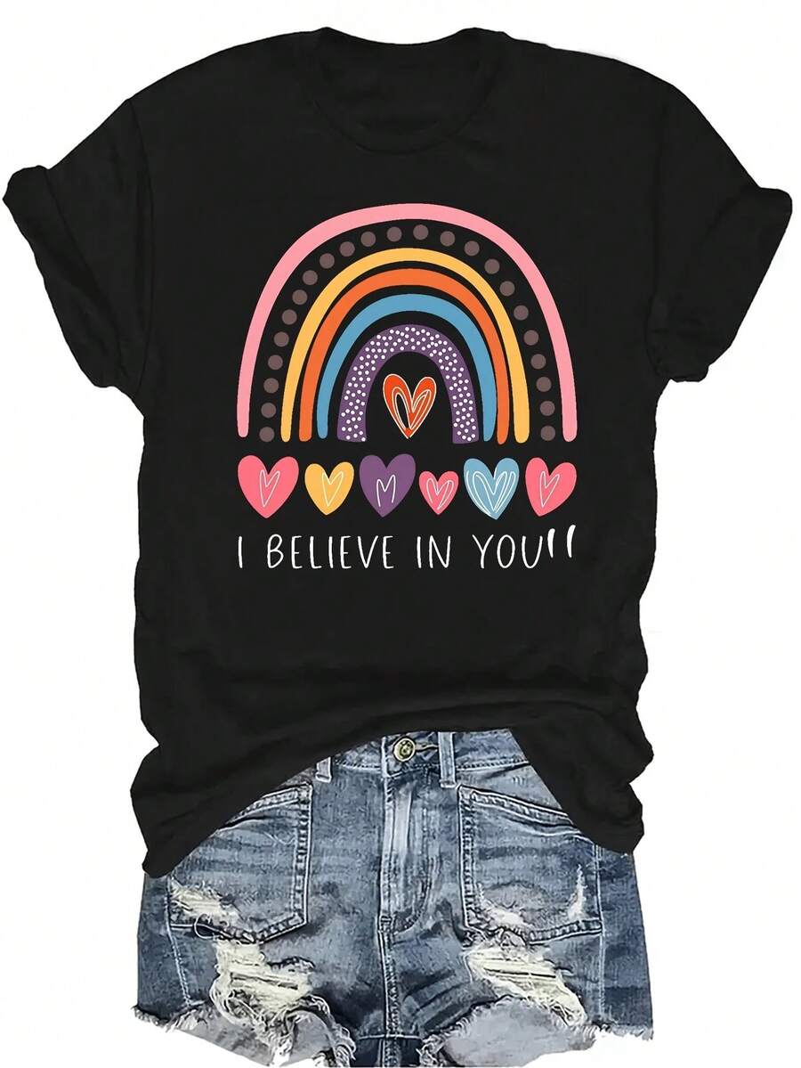 [Camiseta de moda casual] Camiseta suave y cómoda para mujer - Corazón arcoíris motivación casual de manga corta y cuello redondo, regalo perfecto para la abuela y la mamá, uso casual de primavera y verano - Negro - Ver 1