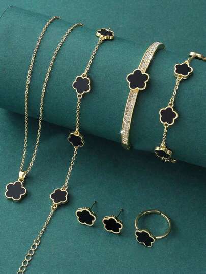 Juego de 7 piezas minimalista y lujoso con collar, pulsera, tobillera, aretes, anillo y pulsera de zirconia con diseño de flor de 5 pétalos de cobre, regalo para cita, boda, graduación