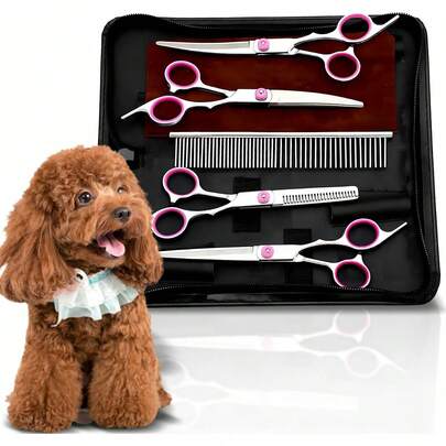 Juego de tijeras redondeadas profesionales + tijeras aserradas con forma de espina de pescado para aseo de mascotas, tijeras para cortar el pelo de mascotas