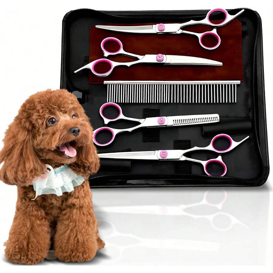 Juego de tijeras redondeadas profesionales + tijeras aserradas con forma de espina de pescado para aseo de mascotas, tijeras para cortar el pelo de mascotas - Rosa - Ver 1