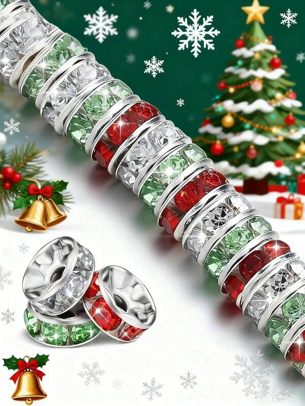Conjunto de 60 a 200 contas espaçadoras de strass de cristal vermelho, verde e branco de 8 mm para Natal - ideal para fazer joias, pulseiras, colares e presentes artesanais