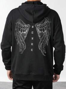 Men's Loose Drawstring Hoodie With Pockets, Printed Design, Black, Autumn/Winter