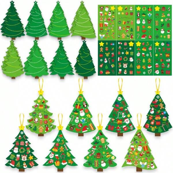 8 piezas de tarjetas de decoración de árbol de Navidad DIY que incluyen cintas amarillas, tarjetas de árbol de Navidad y pegatinas. Los colgantes de decoración de árbol de Navidad son adecuados como regalos de Navidad y colgantes de decoración de Navidad