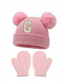 2 Stücke/Set gestrickte Mützen & Handschuhe Baby A-Z Buchstaben gestrickte Mützen mit rosa Handschuhen Baby Mädchen Hut Kinder Beanie Mütze Säuglings Zubehör Kinderhüte Elastisch 0-3J Baby Mädchen Junge Hut